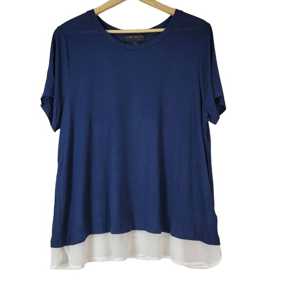 Forever 21 Pullover Top Blue Plus 1X Chiffon Hem Round Neck Short Sleeve Stretch - Picture 1 of 6